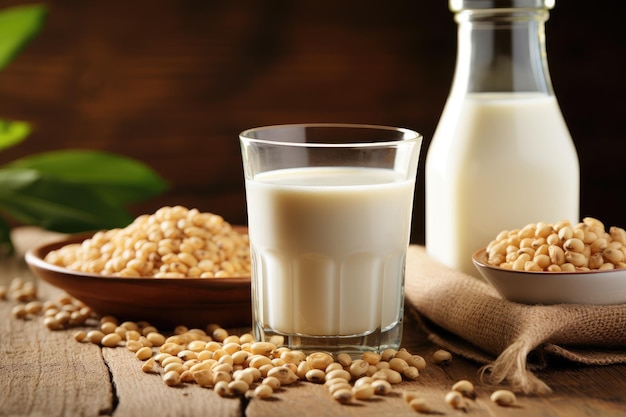 Latte di soia e cereali su tavolo di legno con sfondo rustico di cucina Concetto alternativo di latte anteriore vi