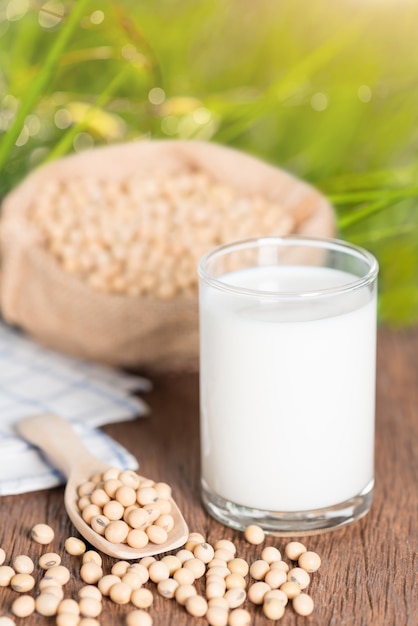 Latte di soia e soia sulla tavola di legno.