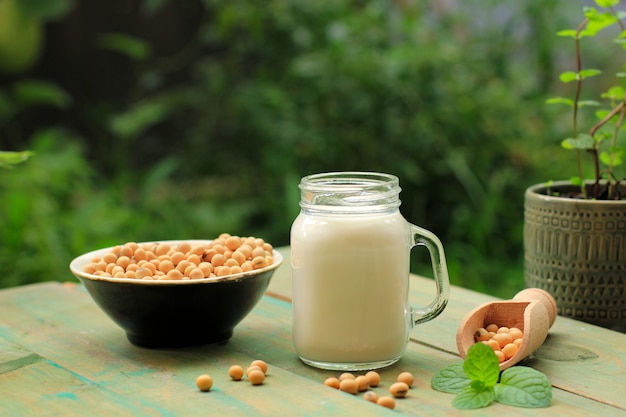 Latte di soia in barattolo per bevande e fagioli di soia in una ciotola. Concetto salutare per latte non caseario