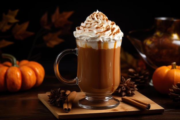 Latte di zucca autunnale con panna montata AI Generative