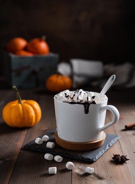 Latte di zucca caldo con marshmallow e cioccolato in una tazza bianca su un tavolo di legno. Vista frontale. Foto scura