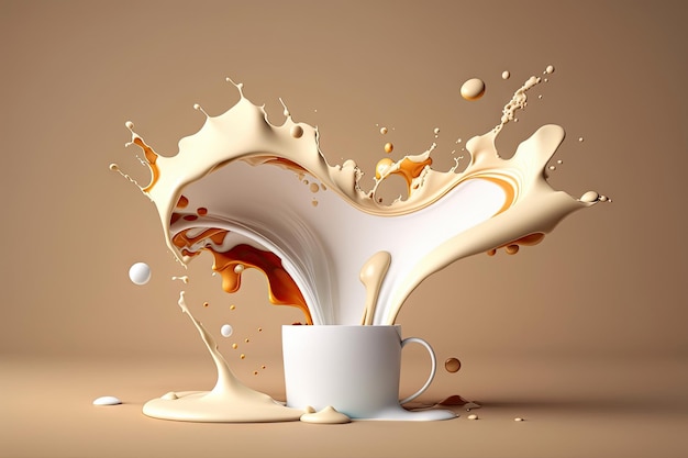 Latte e cioccolato in tazza con caduta di spruzzi e vapore Bevande mattutine con intelligenza artificiale generativa