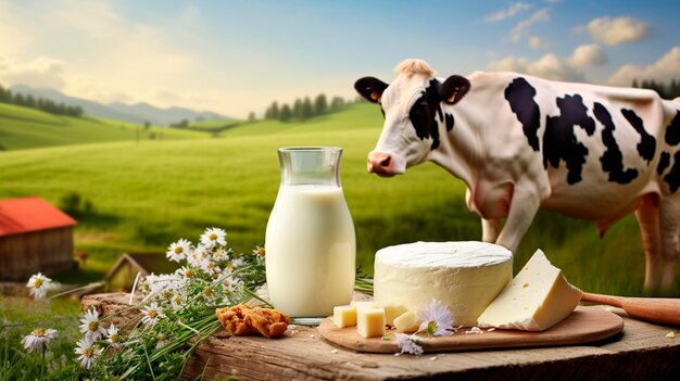 Latte e prodotti lattiero-caseari sullo sfondo di un prato con mucche che pascolano