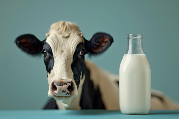 Latte fresco e bottiglia di latte di mucca e di mucca per la pubblicità