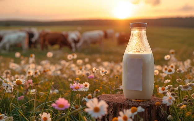 Latte fresco in bottiglia poggiato su un tronco rustico circondato da mucche e fiori selvatici al tramonto