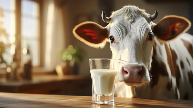 Latte fresco in vetro su tavolo di legno Paesaggio con mucche ed erba verde sullo sfondo Creato con la tecnologia Ai generativa