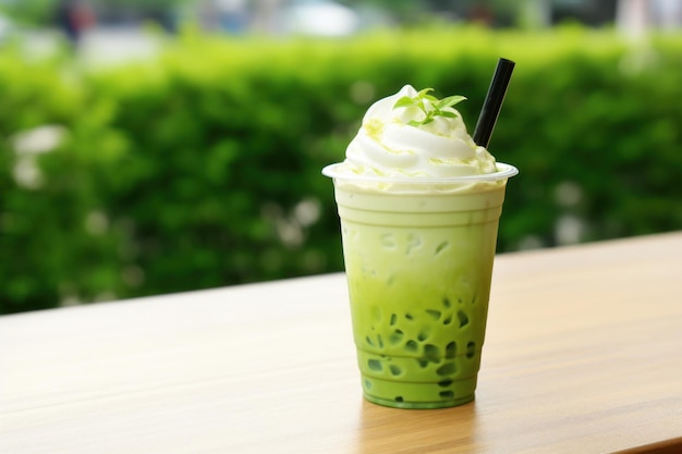 Latte ghiacciato di tè verde matcha con panna montata sul tavolo di legno