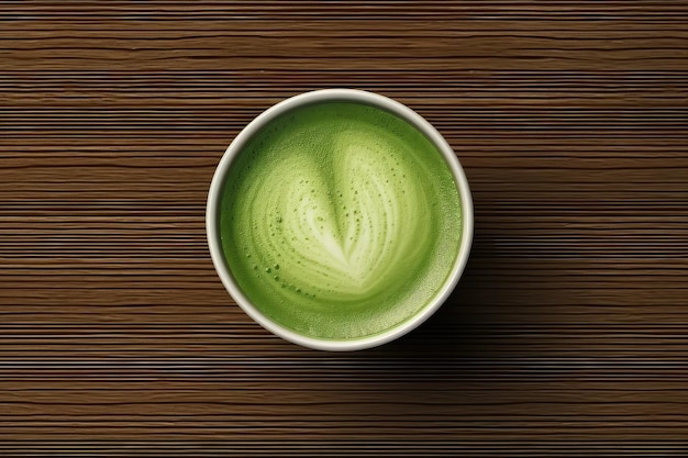 Latte giapponese al tè verde matcha con sfondo in legno