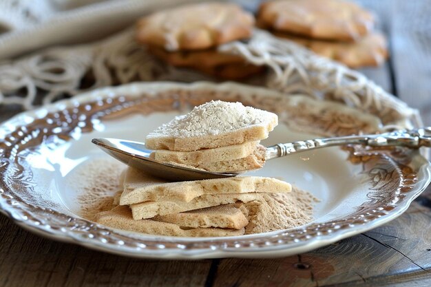 Latte in polvere su un cucchiaio con un piatto di biscotti