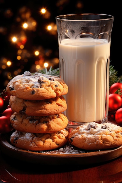 Latte in un bicchiere e biscotti su un piatto per Babbo Natale