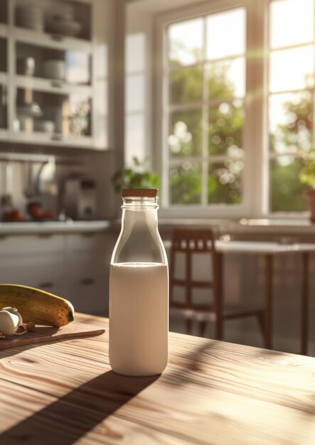 Latte in una bottiglia di vetro posta sul tavolo in cucina