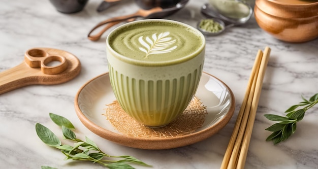 Latte matcha con foglie di tè fresche in una bella tazza con sfondo in stile giapponese vista dall'alto