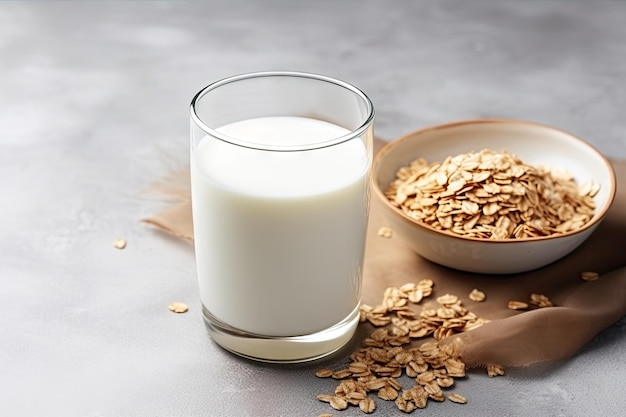 Latte senza latte in una tazza di fiocchi di cereali tostati Opzione a base vegetale per chi non mangia carne Minimalista a