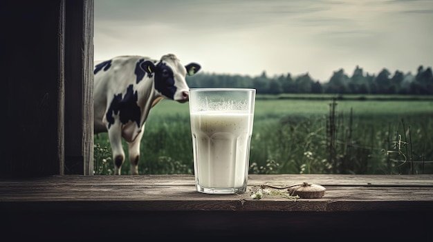 Latte sul tavolo con mucca in background