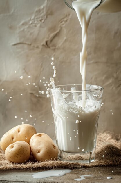Latte versato in un bicchiere con splash accanto a patate su burlap contro uno sfondo beige