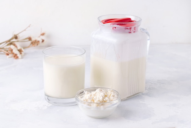 Latticini kefir, latte, granuli di batteri. Alimenti fermentati