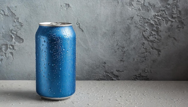 Lattina di alluminio blu con gocce di condensazione Confezione di birra o bevande gassate Bevanda rinfrescante
