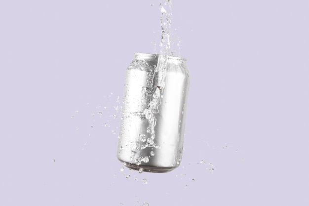 Lattina di birra o soda in alluminio con spruzzo d'acqua su uno sfondo viola chiaro