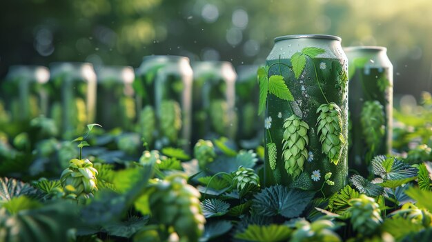 Lattine di birra con campi di luppolo rendering 3D