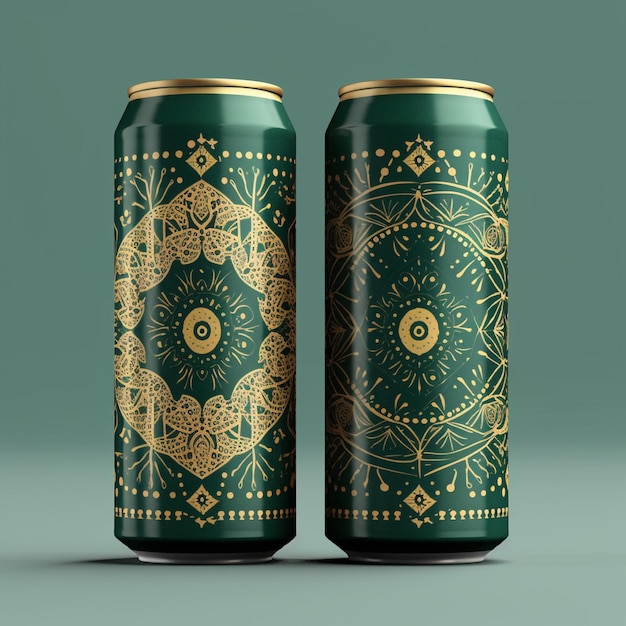 Lattine di birra grandi e piccole con disegno dorato su sfondo verde rendering 3D