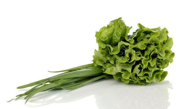 Lattuga fresca e cipolla verde isolata su bianca