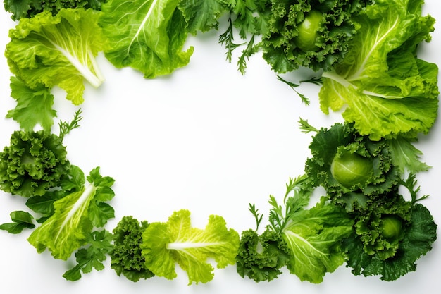 lattuga su uno sfondo bianco con un cerchio di verdure verdi.