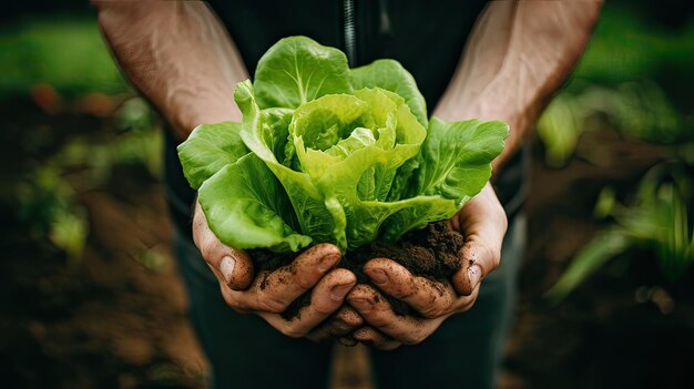 Lattuga verde vibrante tenuta in mano fiorente in un lussureggiante letto di terreno sciolto