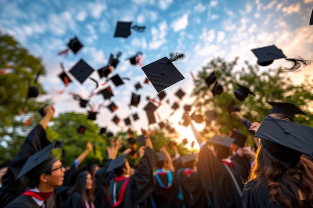 Laureati euforici che festeggiano lanciando i cappelli al tramonto, vibrante scena di addio all'università.