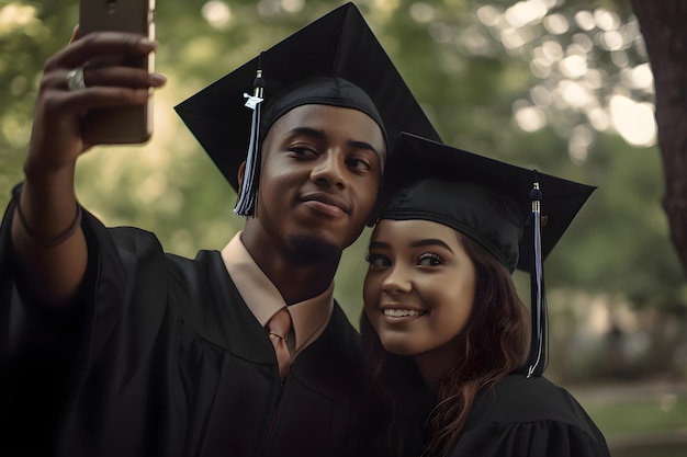 Laureati in berretti di laurea ragazzo e ragazza che sorridono e si fanno selfie IA generativa 1