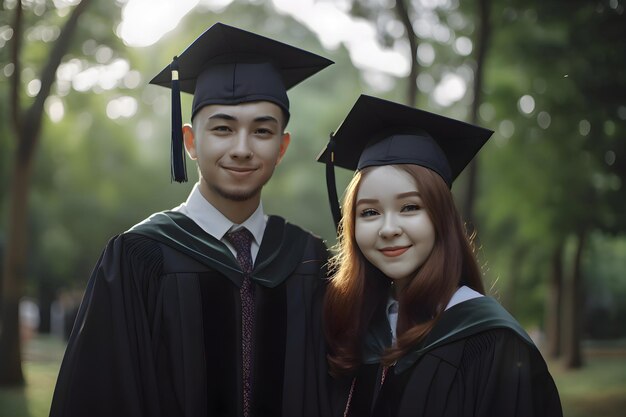 Laureati ragazzo e ragazza in berretti e abiti da laurea sorridenti nel parco IA generativa 1