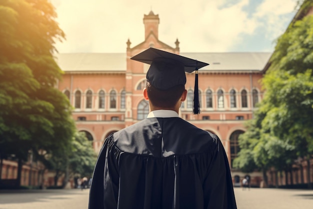 Laureato di successo in cappello e toga ammirando l'impressionante architettura dell'intelligenza artificiale generativa