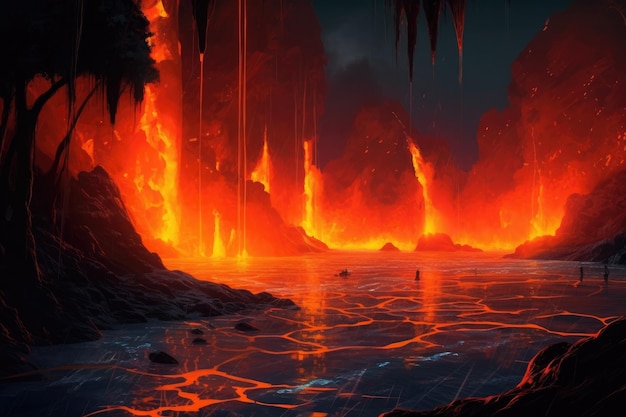 Lava incandescente di notte in un'eruzione vulcanica creata con l'IA generativa