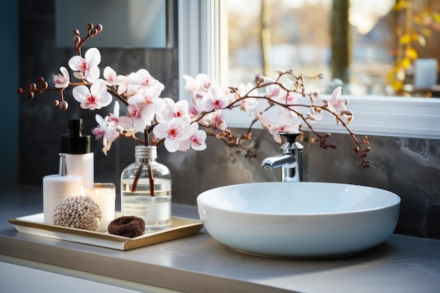 Lavabo bianco con fiori vicino alla finestra Bagno dal design moderno