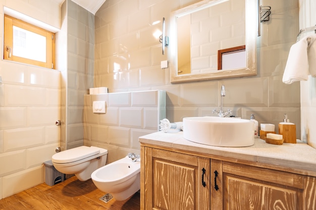 Lavabo bianco con grande specchio, portasciugamani e lampada LED nel bagno accanto a wc e bidet