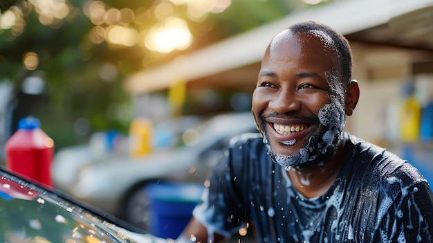 Lavaggio auto Un giovane uomo lava un'auto con una spugna e sorride È coperto di schiuma di sapone