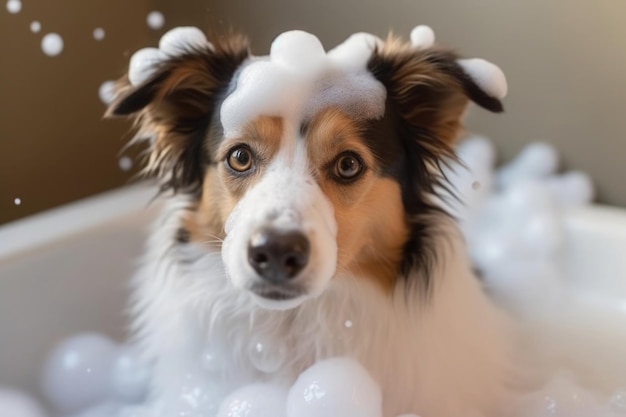 Lavaggio dell'animale domestico Cane carino in bagno con schiuma di shampoo IA generativa