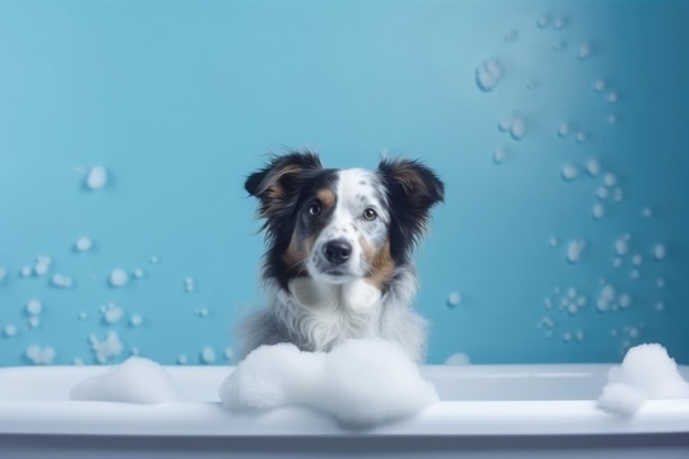 Lavaggio dell'animale domestico Cane carino in bagno su sfondo blu IA generativa