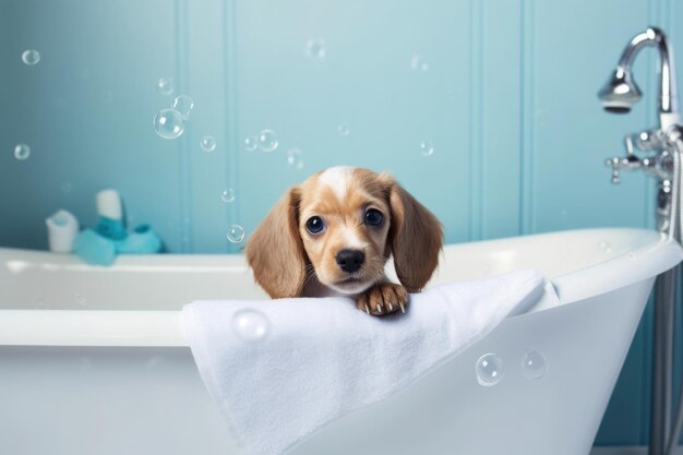 Lavaggio dell'animale domestico Cane carino in bagno su sfondo blu IA generativa