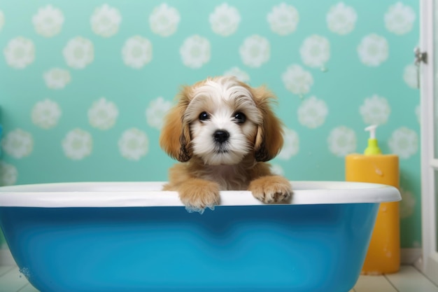 Lavaggio dell'animale domestico Cane carino in bagno su sfondo blu IA generativa