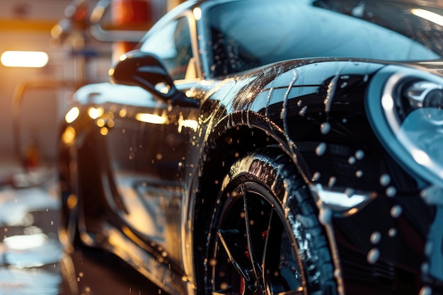 Lavaggio professionale di auto auto nero auto sportiva con close-up di shampoo