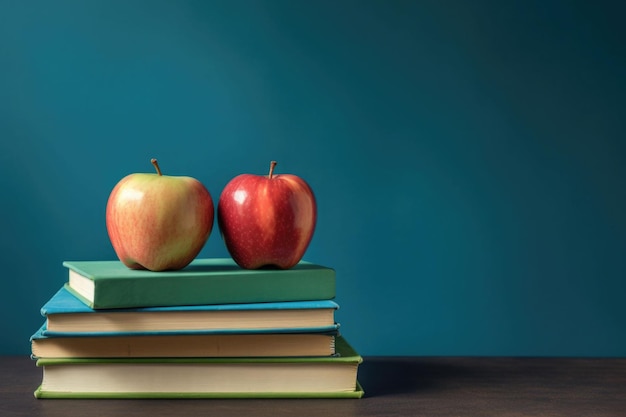 Lavagna con libri e mele sulla scrivania in legno Concetto di ritorno a scuola IA generativa