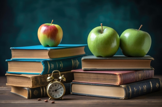 Lavagna con libri e mele sulla scrivania in legno Concetto di ritorno a scuola Illustrazione dell'IA generativa
