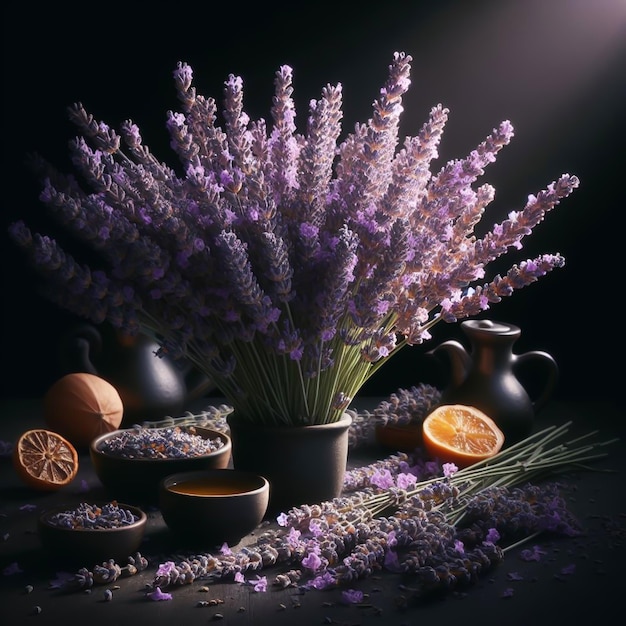 Lavanda isolata su sfondo nero Fiori e piante in primavera generati dall'AI