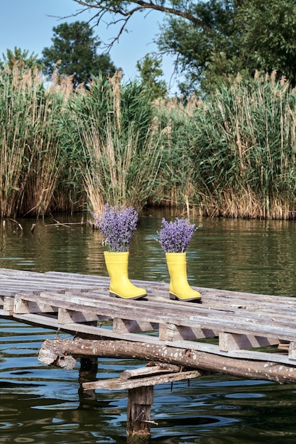 Lavanda viola in stivali di gomma gialli su un molo vicino a un fiume