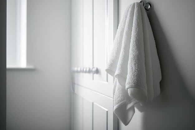 Lavanderia asciugamano bianco in bagno Illustrazione AI Generative