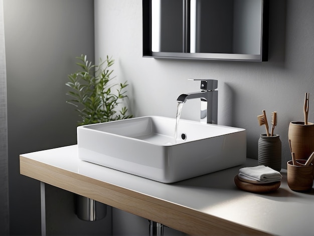 Lavandino bianco quadrato e rubinetto cromato Disegno interno minimalista di bagno moderno