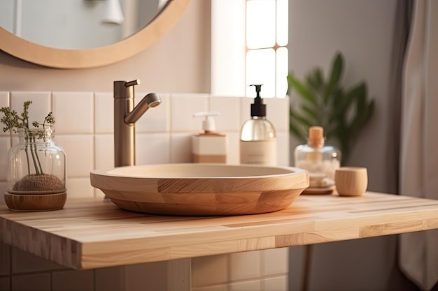 Lavandino da bagno moderno con un'elegante ciotola in legno sopra IA generativa