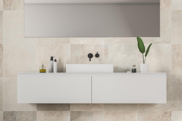 Lavandino in bagno di piastrelle beige