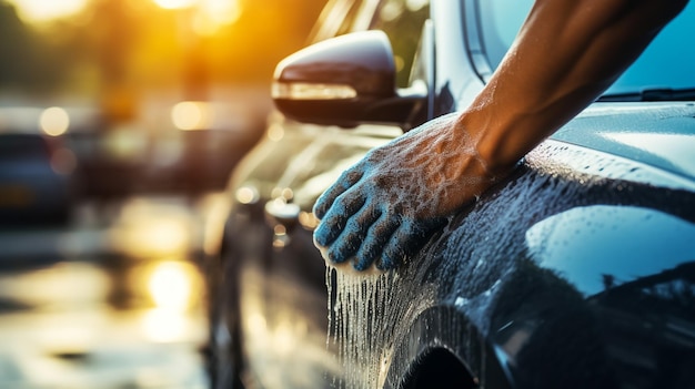 Lavare l'auto con uno straccio blu