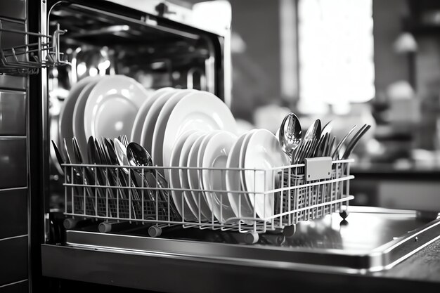 Lavastoviglie aperta in cucina con piatti sporchi o piatti puliti dopo il lavaggio interno